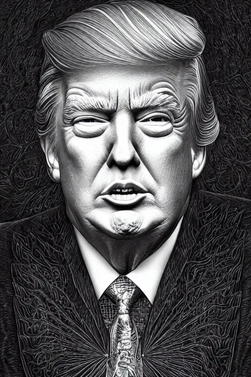 Prompt: highly detailed portrait of donald trump by alex grey, patrick woodroffe, mark ryden created by gustave dore and greg rutkowski, high detailed, smooth draw, synthwave neon retro, intricate, realistic proportions, dramatic lighting, trending on artstation