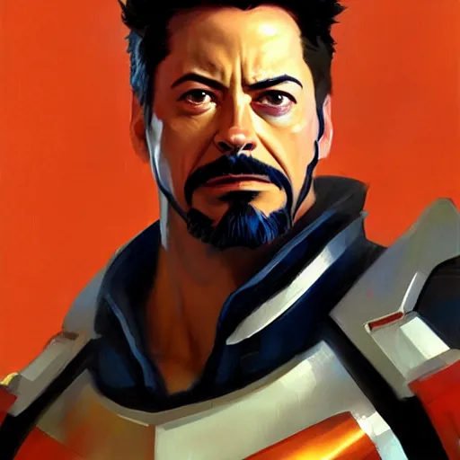 Image similar to greg manchess portrait painting of tony stark as overwatch character, totally whack, medium shot, asymmetrical, profile picture, organic painting, sunny day, matte painting, bold shapes, hard edges, street art, trending on artstation, by huang guangjian and gil elvgren and sachin teng