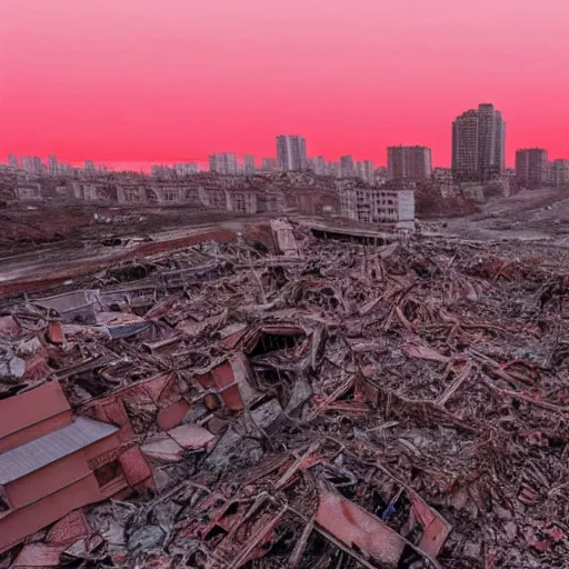 Prompt: a completely destroyed city with a red sky