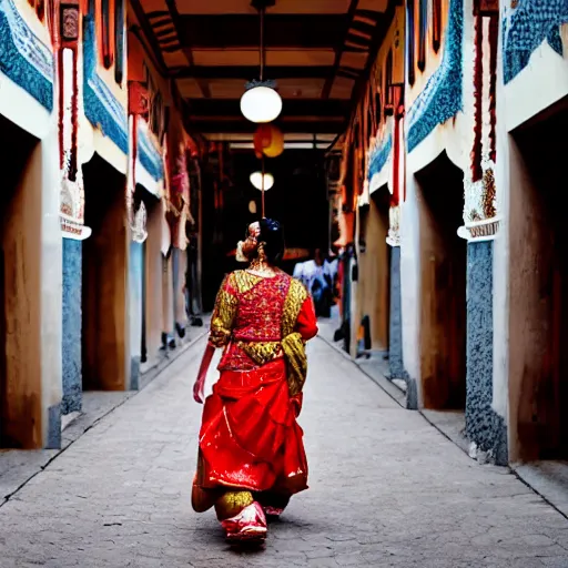 Image similar to a dramatic photograph of a person wearing traditional indian clothes, person wearing indian traditional clothes walking in a modern city, cinematic lighting