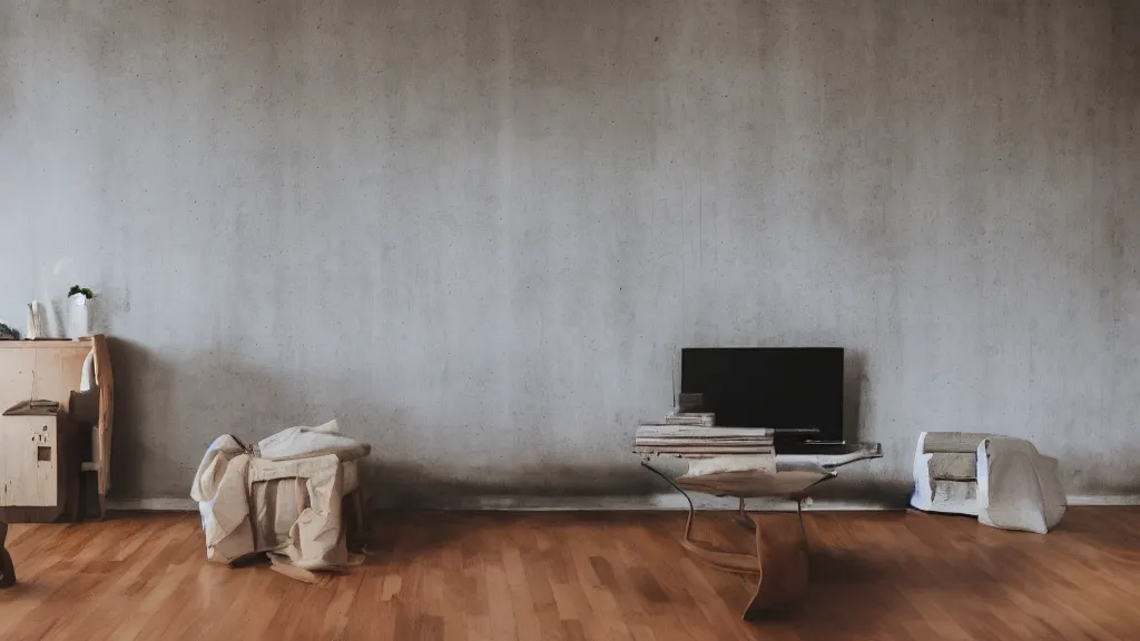Prompt: dslr photograph of a living room, wooden floor, concrete wall