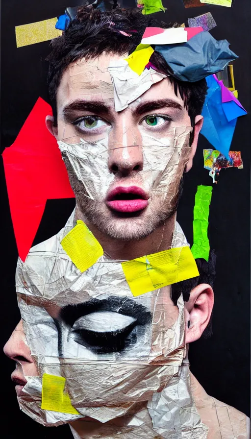 Image similar to rendered in blender charlie xcx with a trash bag on his head, collage paper and tape, acrylic on canvas, hyperrealism mixed with expressionism, high resolution, cinematic, unreal 6, breathtaking detailed, by blake neubert