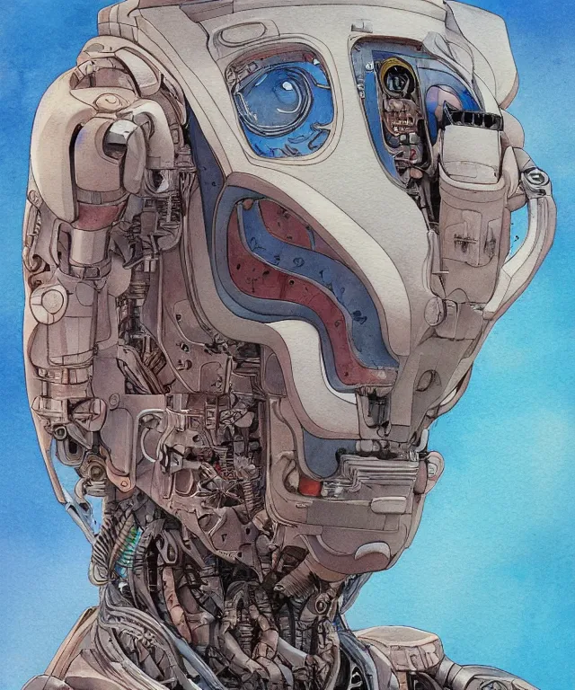 Image similar to a watercolor painting character portrait of a humanoid robotic machine mutant in the style of jean giraud in the style of moebius trending on artstation deviantart pinterest detailed realistic hd 8 k high resolution