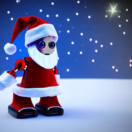 Image similar to a cute little robot with a santa claus hat. super realistic 8 k render of a elegant, cinematic composition