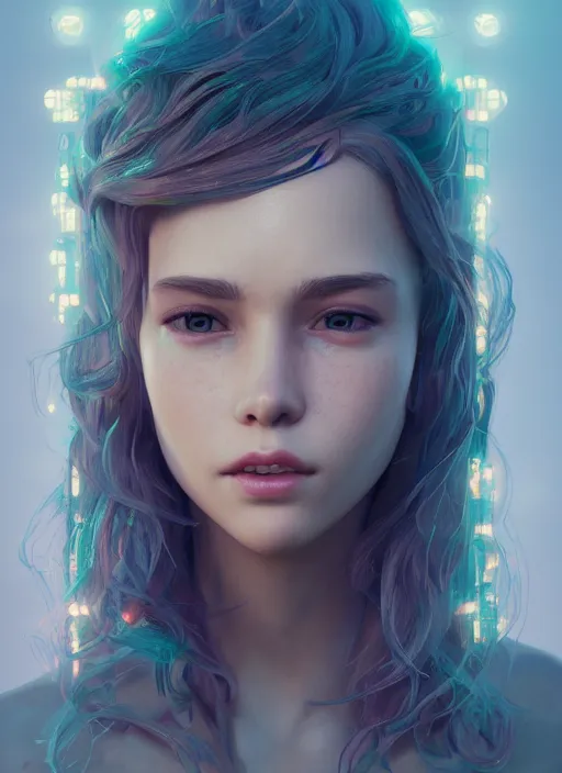 Image similar to glowwave girl portrait, hyper detailed, 3 / 4 shot, digital art, trending in artstation, cinematic lighting, studio quality, smooth render, unreal engine 5 rendered, octane rendered, art style by klimt and nixeu and ian sprigger and wlop and krenz cushart