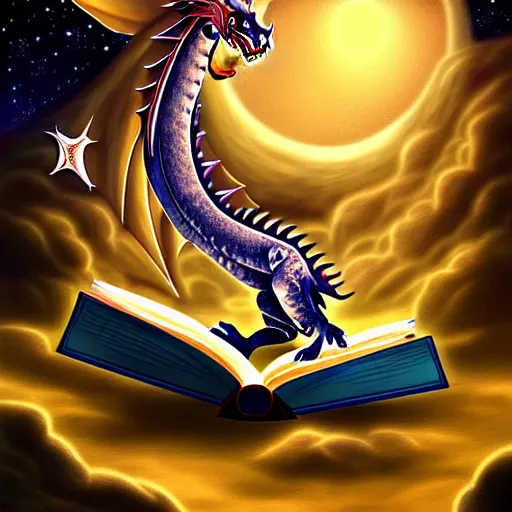Image similar to dragon reading a book underneath the stars, digital art, beautiful, detailed, vivid