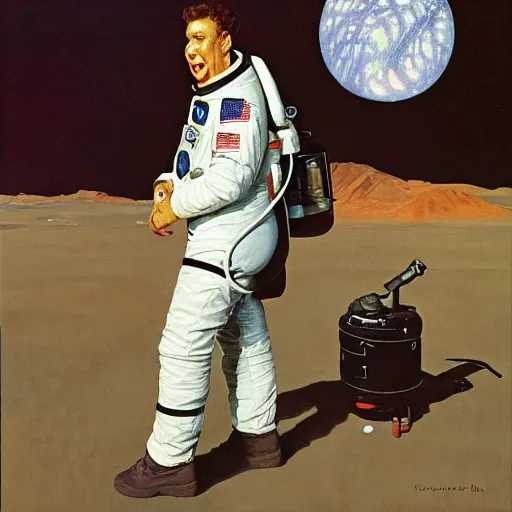 Image similar to kramer from seinfeld as an astronaut, artistic oil painting norman rockwell