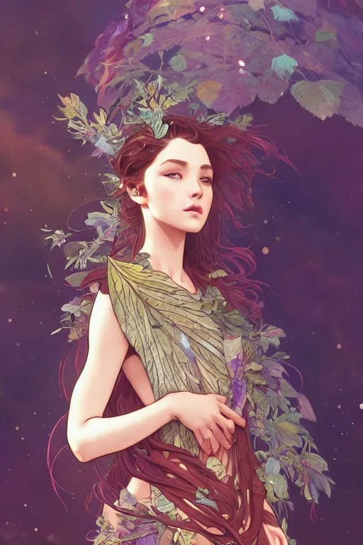 Prompt: beautiful ancient girl in makeshift leaf armor, deep space on background, highly detailed, digital painting, artstation, sharp focus, illustration, art by tan zi and ayanamikodon and alphonse mucha and wlop