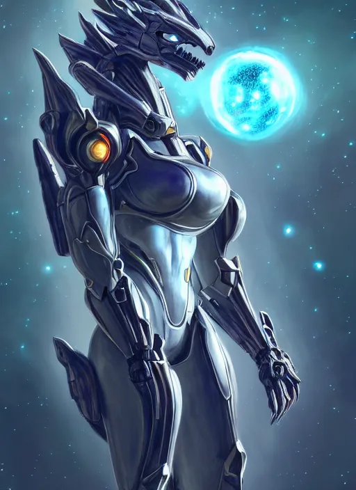 Image similar to cinematic goddess shot, cosmic sized perfectly proportioned stunning beautiful hot anthropomorphic robot mecha female dragon, dragon head, in empty space, floating, nebula sized, larger than galaxies, holding a tiny galaxy, silver, epic proportions, epic size, epic scale, furry art, macro art, dragon art, giantess art, warframe fanart, furaffinity, deviantart