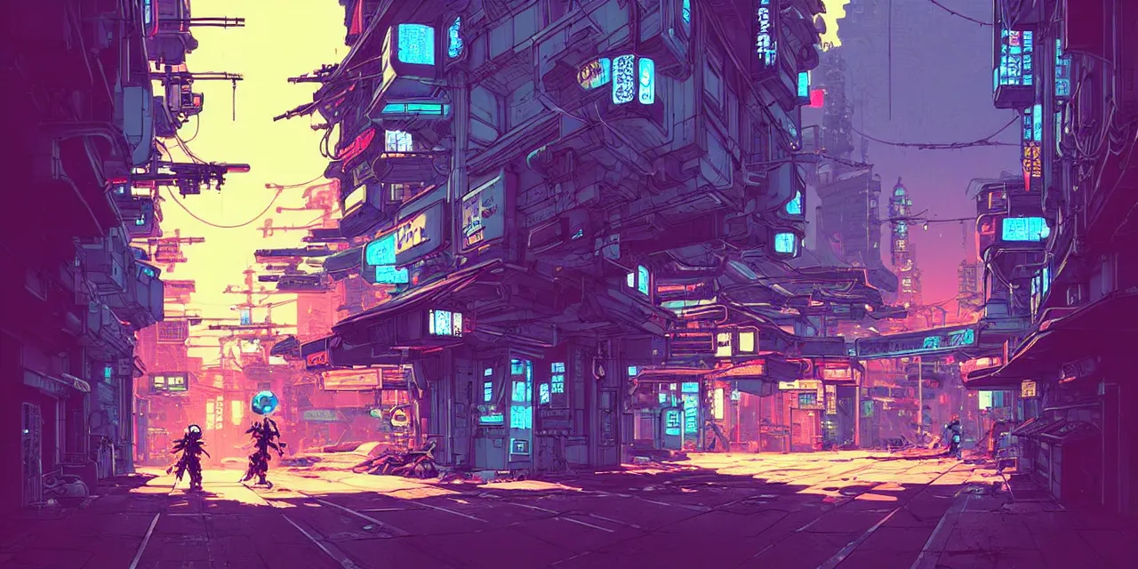 Image similar to Masamune Shirow simon stalenhag exterior Robot Knight Myrmidon street neo tokyo cyberpunk. ian mcque ink calligraphy art James Gilleard.