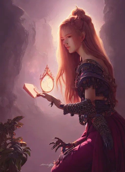 Image similar to jossi of blackpink, deep focus, d & d, fantasy, intricate, elegant, highly detailed, digital painting, artstation, concept art, matte, sharp focus, illustration, hearthstone, art by artgerm and greg rutkowski and alphonse mucha