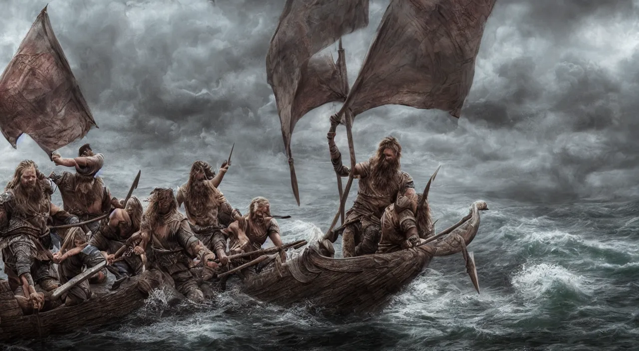 Image similar to a beautiful hyper realistic ultra detailed lifelike matte painting of vikings on a dragon boat, stormy weather, unreal engine, deviantart, flickr, artstation, octane render, textured, colorful, extreme realistic detail, physically based rendering, pbr render, very detailed, volumetric lighting, detailed lighting, octane render, 4 k, cinematic lighting, 8 k resolution