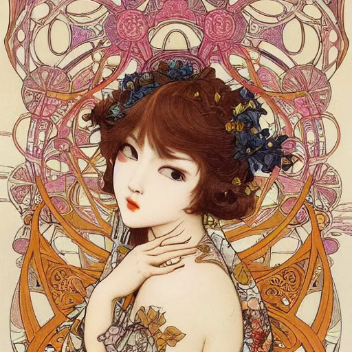 Prompt: anri okita, mucha style,