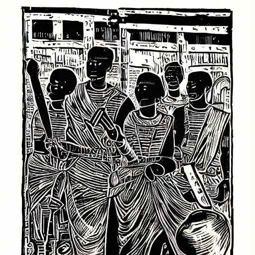 Prompt: monarchy as thieves, african lino cut, high contrast