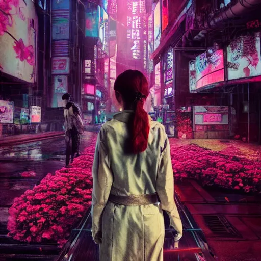 Prompt: woman of flowers, floral, cyberpunk, japanese cyberpunk city, blade runner 2 0 4 9