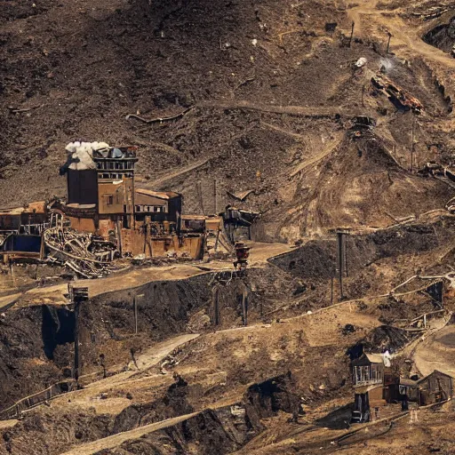 Image similar to Cinematic reverse aerial angle telephoto f2.8 iso 640 over the shoulder of a battle-worn survivor looking over a mid 1800s coal-mining town in the sweltering desert heat, crows in the sky. Photorealistic, award winning, ultra high resolution, intricate details, UHD 8K