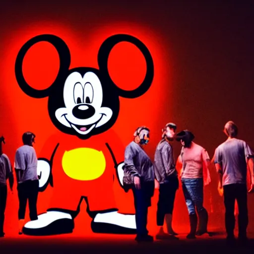 Image similar to a group of people standing around a giant bloody wounded mickey mouse with a netflix neon logo, cyberpunk art by david lachapelle, cgsociety, sots art, dystopian art, reimagined by industrial light and magic, dark concept art