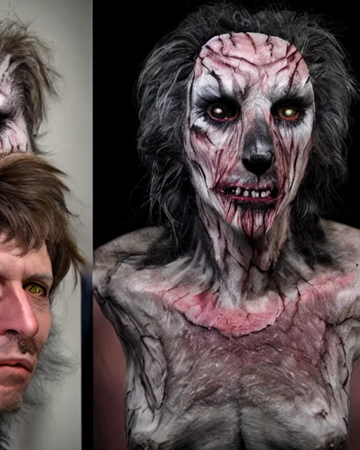 Image similar to David Kessler transforming into a wolf+An American werewolf in London+Photorealistic+Rick Baker style Makeup and Prosthetics+Studio Lighting+Hyperreal