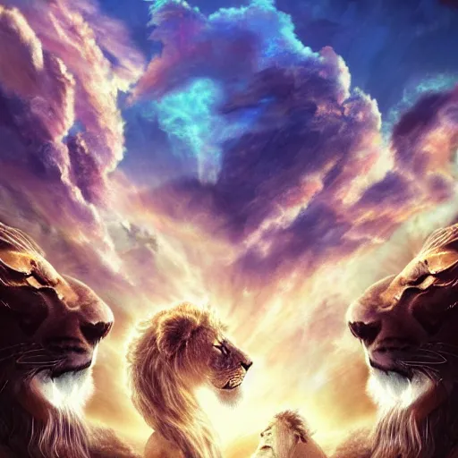 Image similar to the ancient world, hyper complexity, highly detailed, cinematic lighting, pastel colored sunrise, flying robotic lions with gold metal huge wings on the back in the sky, sharp outlines, complete whole lion body, another sleeping lion face in the clouds watching each other, hyperrealistic, trending on pixiv fanbox, love death robot,