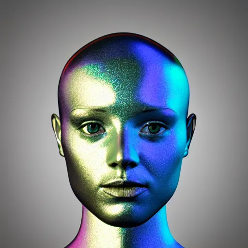 Image similar to 3d render of holographic human robotic head made of glossy iridescent, surrealistic 3d illustration of a human face non-binary, non binary model, 3d model human, cryengine, made of holographic texture, holographic material, holographic rainbow, concept of cyborg and artificial intelligence