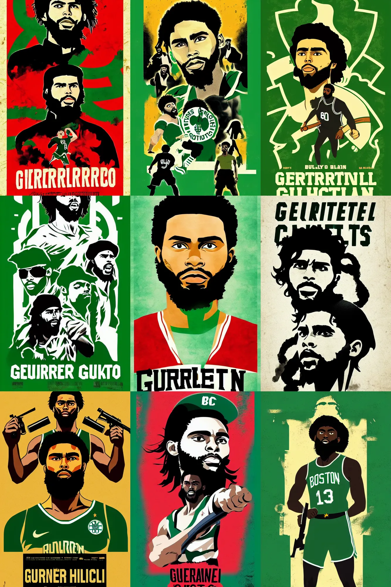 Prompt: guerrillero heroico, boston celtics jaylen brown portrays che guevara as a revolutionary, 8 0's movie poster, theatrical poster, vibrant fan art, digital art, trending on artstation, minimalist