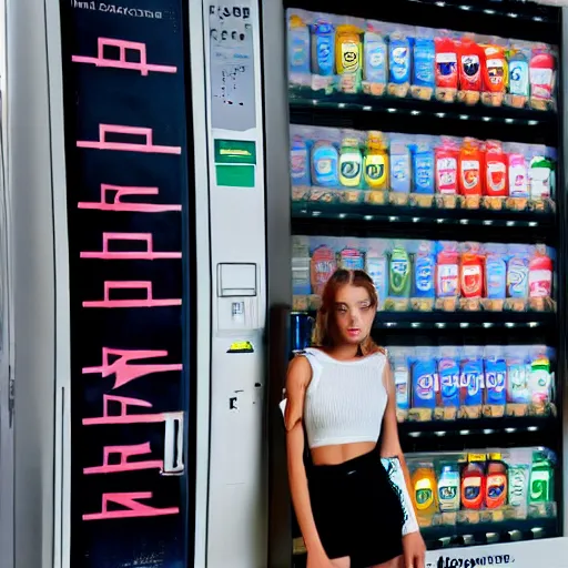 Image similar to a model wearing street fashion stands in a vast empty landscape next to a drinks vending machine