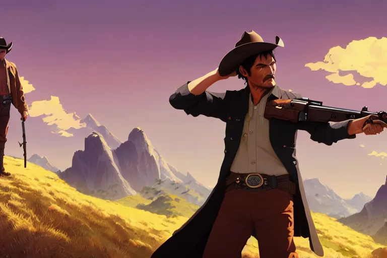 Prompt: old pedro pascal as a cowboy with a beautiful rifle, single subject, mountaineous background, scenic full shot, ambient lighting, detailed face, by makoto shinkai, stanley artgerm lau, wlop, rossdraws