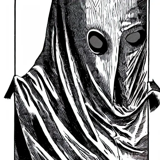 Image similar to hooded man with masked face, junji ito,