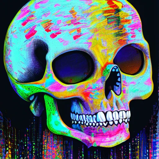 Prompt: portrait of skull, trippy, glitch, paint dripping, miyazaki style, exaggerated accents