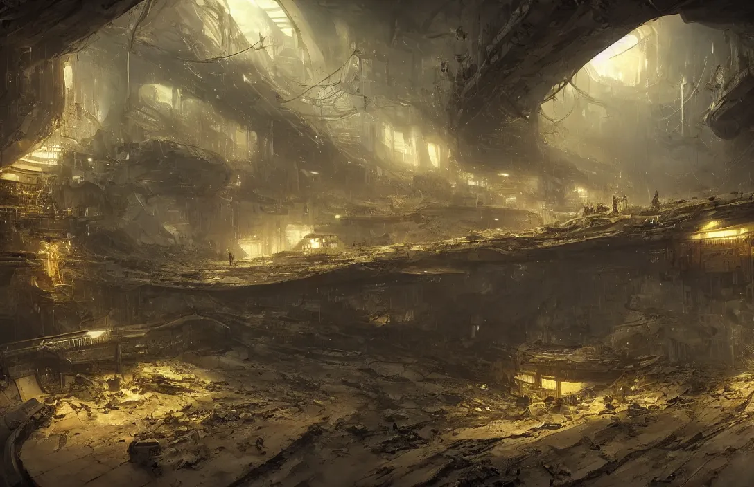 Image similar to a huge abandoned scifi underground in the style of martin deschambault, detailed dreamscape, hyperreal phantastic, intricate details in environment, golden ratio, high aestehtic,, cinematic light dramatic light, lightrays, flying birds in distance, hyperreal 4 k