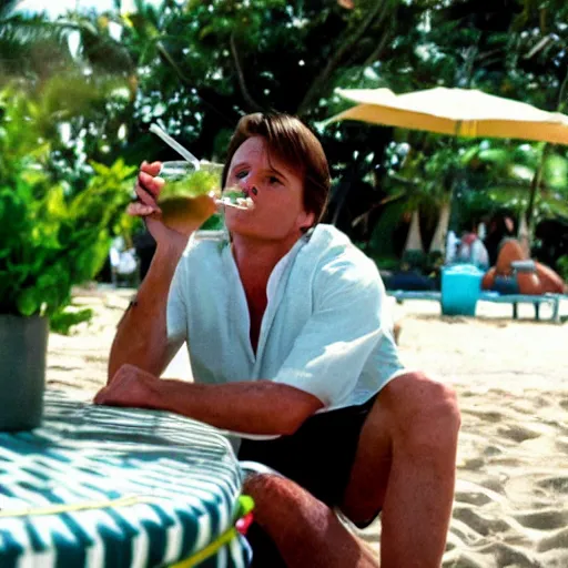 Image similar to marty mcfly drinking a mojito on the beach