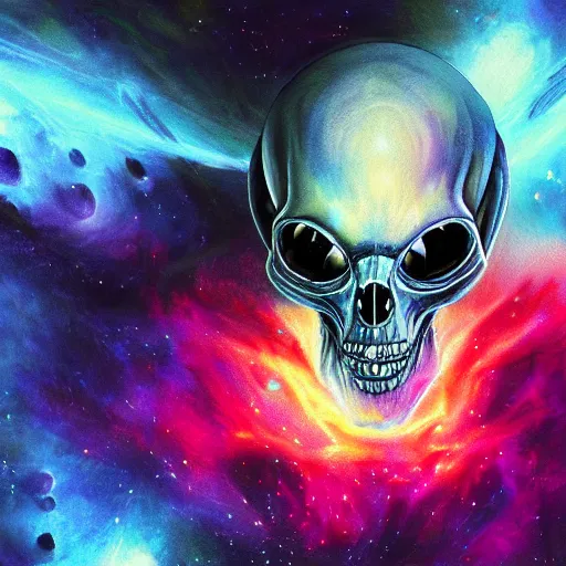 Prompt: alien skull on space nebula background, acrilic paint, digital, artstation, detailed intricate ink illustration, heavenly atmosphere, digital art, overdetailed art, concept art, complementing colors, trending on artstation, cgstudio, the most beautiful image ever created, dramatic, subtle, details, award winning artwork, beautiful scenery