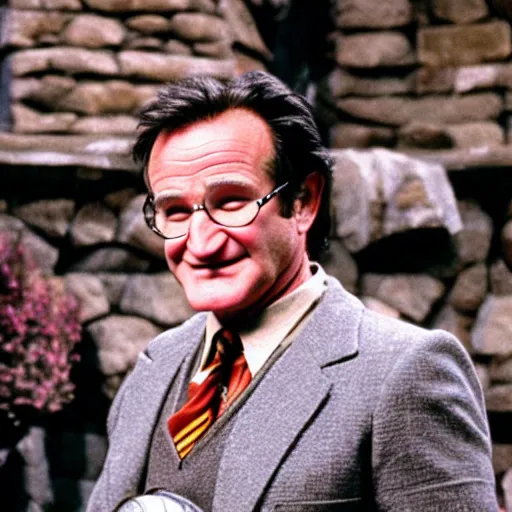 Image similar to Robin Williams playing Harry-Potter in Harry Potter, screenshot