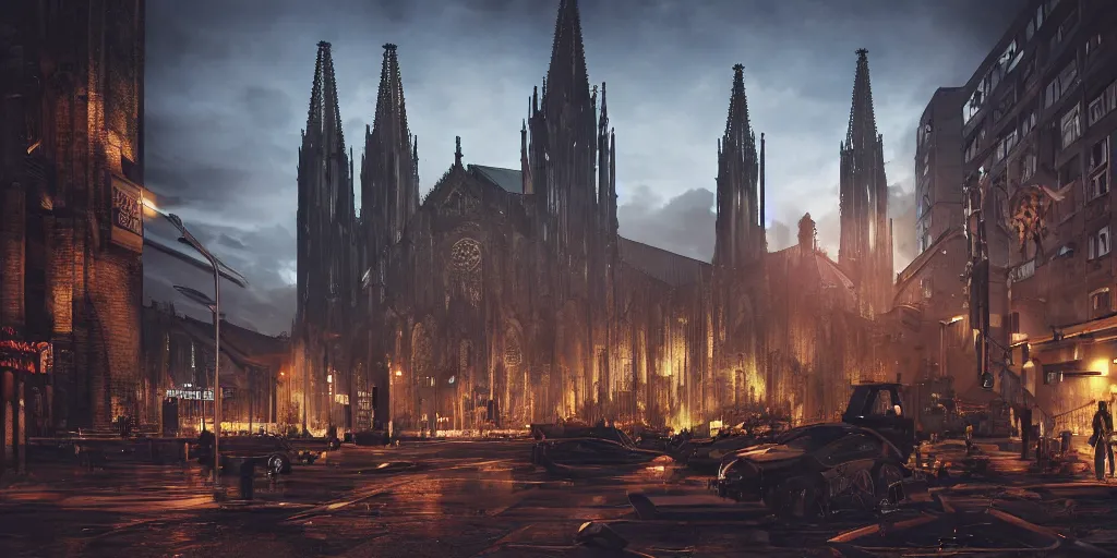 Prompt: wide shot, photorealistic art of a cyberpunk punk and steampunk Cologne Cathedral, city concept, dynamic lighting, hyper realistic, cinematic, realism