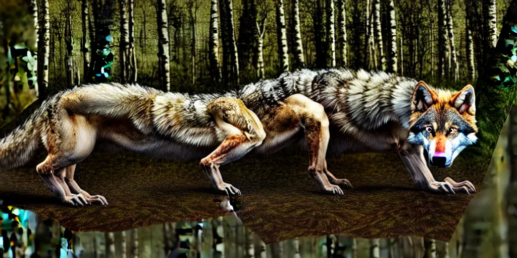 Image similar to chimera made of a wolf and a crocodile, awarded on pixiv, trending on deviantart, realistic birch wood swamp, professional photoshop utilizing real life photos