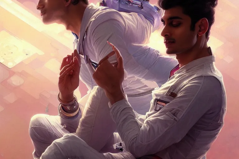 Image similar to Sensual good looking pale young Indian doctors wearing jeans in a space station above Earth, portrait, elegant, intricate, digital painting, artstation, concept art, smooth, sharp focus, illustration, art by artgerm and greg rutkowski and alphonse mucha