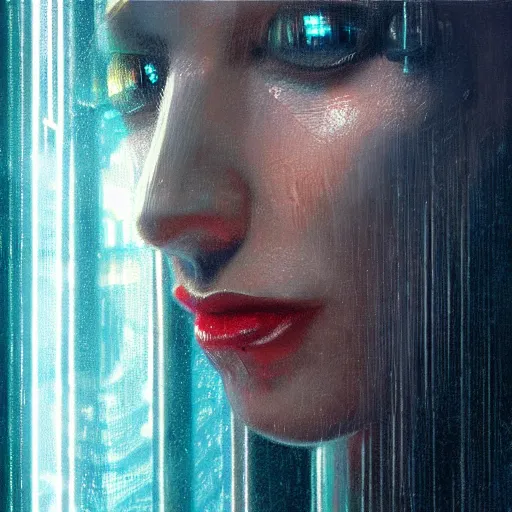 Image similar to detailed face of a woman, moment, cyberpunk cloisters, electronic billboards, tech noir, wet reflections, prism, atmospheric, ambient, pj crook, syd mead, livia prima, greg rutkowski, edward hopper