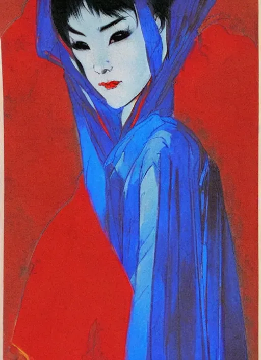 Image similar to portrait of mighty korean vampiress, jeweled veil, blue and red, strong line, saturated color, beautiful! coherent! by frank frazetta, high contrast, minimalism