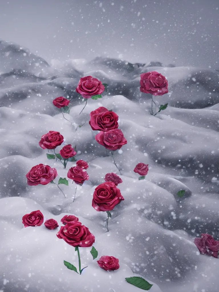 Prompt: shameful roses bloom in the snow, octane render, super detail, 8 k, art station, extreme long shot, by nausicaa ghibli