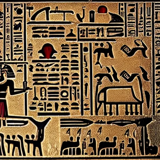 Prompt: egyptian hieroglyphs depicting a trip to mcdonalds
