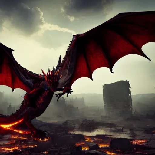 Image similar to dragon flying over post apocalyptic earth with fire everywhere and destroyed buildings, surreal, sharp focus, digital art, epic composition, concept art, dynamic lighting, intricate, highly detailed, 8 k, unreal engine, blender render