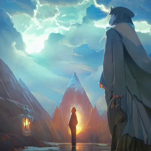 Image similar to dumbledore, sunset, behance hd by jesper ejsing, by rhads, makoto shinkai and lois van baarle, ilya kuvshinov, rossdraws radiating a glowing aura global illumination ray tracing hdr