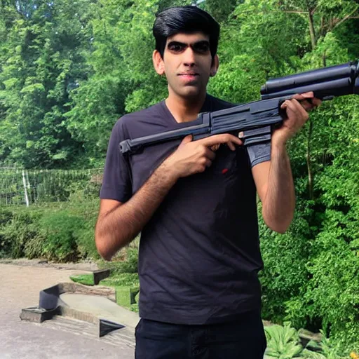 Image similar to Medium shot photograph of Rishi Sunak holding an AK-47, 8k, ultrahd