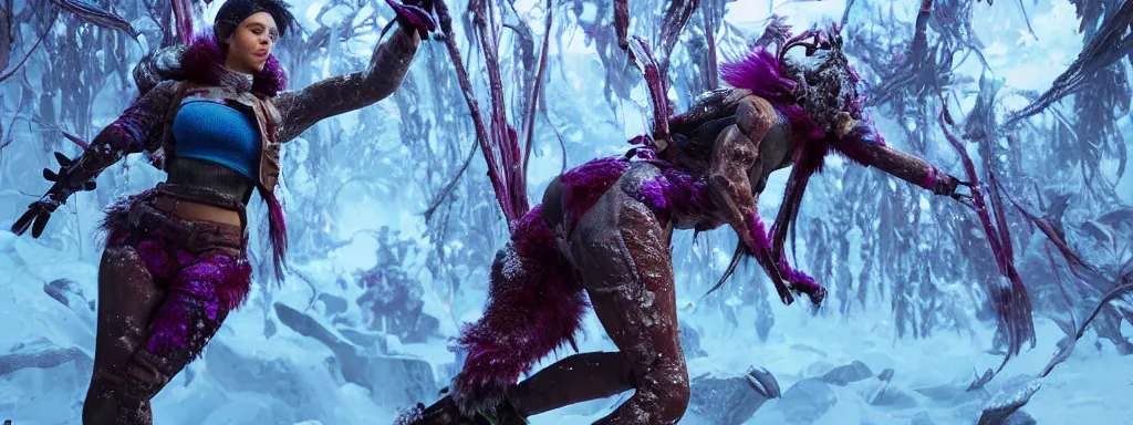 Image similar to athletic muscular explorer woman walking in animal fur armour, crop top midriff, walking in a dense alien snow covered frosty jungle, with snow covered colourful red, blue and purple plants, large vines, snow covered arched organic rock structures, in the style of monster hunter world, like concept art on artstation, hyperdetailed, vray render, octane render,