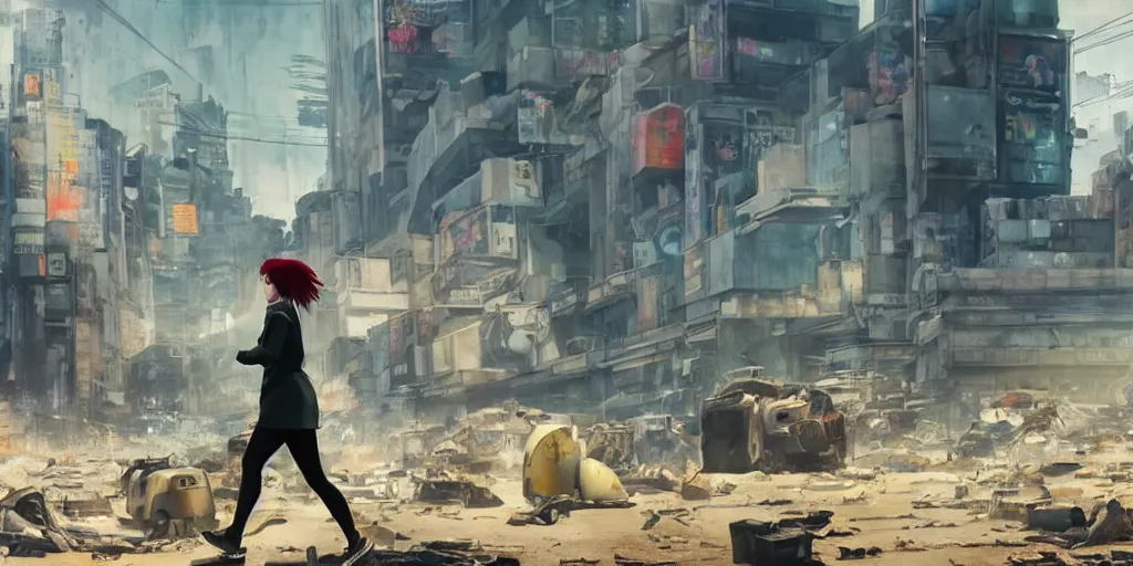 Image similar to incredible wide screenshot, ultrawide, simple watercolor, rough paper texture, ghost in the shell movie scene, backlit distant shot of girl in a parka running from a giant robot invasion side view, yellow parasol in deserted dusty junk town, broken vending machines