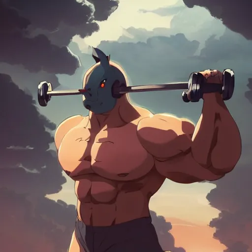 Image similar to a strong rhino at the gym, illustration concept art anime key visual trending pixiv fanbox by wlop and greg rutkowski and makoto shinkai and studio ghibli and kyoto animation symmetrical facial features