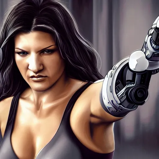 Prompt: beautiful digital painting of gina carano with a robotic cybernetic metallic grey arm, cyberpunk, highly detailed, hyperrealism, concept art, 8 k