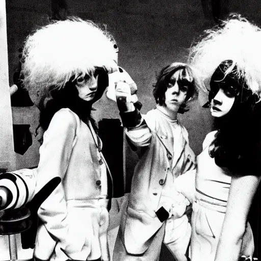 Image similar to A Clockwork Orange, women droogs, 1971 photography, female hooligans, shaggy haired punks, dystopian England