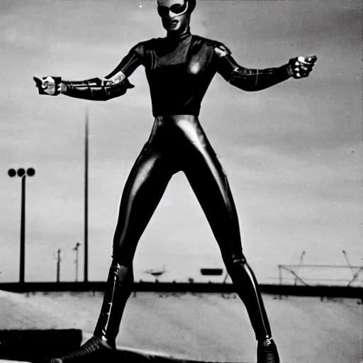 Image similar to Trinity the matrix, Female sprinter in athletic attire with cyborg legs, metal body, diesel punk, athletic footage, 1960's olympics, cinematic, art deco stadium