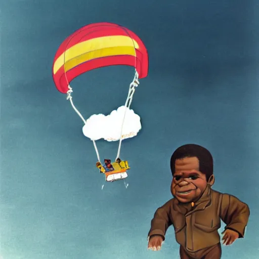 Image similar to Gary Coleman descending from the sky in a weather balloon